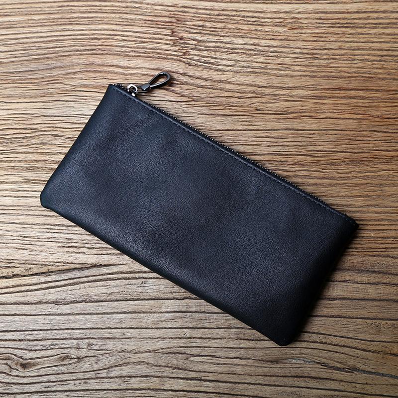 NZPJ Herren Long Wallet aus Leder Oberlederschicht Reißverschluss Ultradünnes Portemonnaie Retro-Trend Handytasche Einfaches Damen Portemonnaie