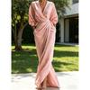 European and American new elegant solid color V-neck long-sleeved split waist pocket long dress