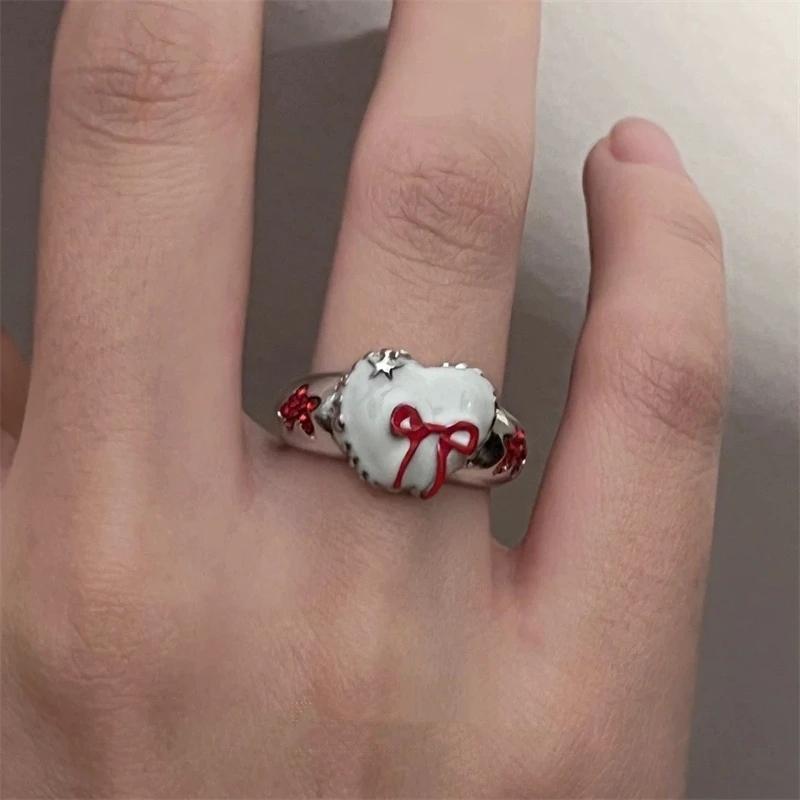 2025 New Fashion Cute Red Bowknot Heart Rings for Women Girls Aesthetic Jewelry Hip Hop Cool Star Ring Y2K Accessories