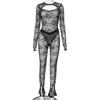 Spring Sexy 2 Two Piece Sets Lace Women Long Sleeve Bodysuits Top+High Waist Pants Suits Black Hollow Out Matching Outfits 2024