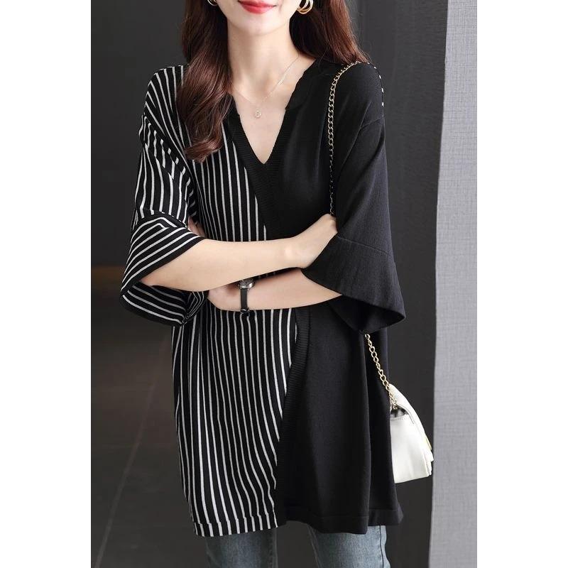 Plus Size Summer New Women's Clothing Lazy Style V-neck Loose Bottoming Thin Section Niche Five-quarter Sleeve Top Striped Splicing
