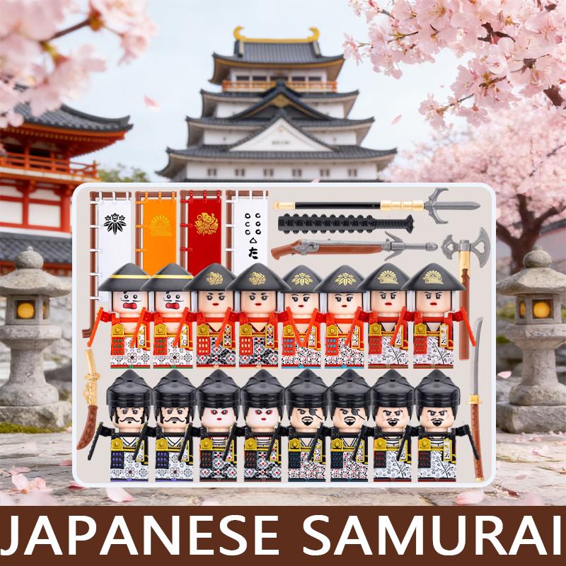 8 Pezzi Figure di Soldati Samurai Giapponesi Blocchi da Costruzione Castello Militare Guerriero Spada Casco Bandiera Accessori Mattoncini Giocattolo Regali
