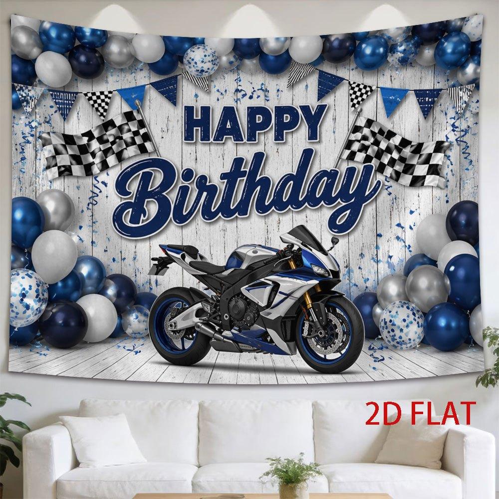 2D Flat - 2D Flat - 1pc 2D Flat Tapestry Blue And Silver Racing Motorcycle Birthday Party Backdrop Curtain with Balloons And Checkered S