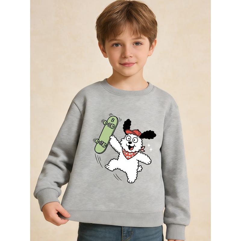 European Sizes Autumn/Winter Kids' Long-Sleeve Crewneck Sweatshirt, Casual and Comfortable Style with Fun Cartoon Puppy Skateboard Print