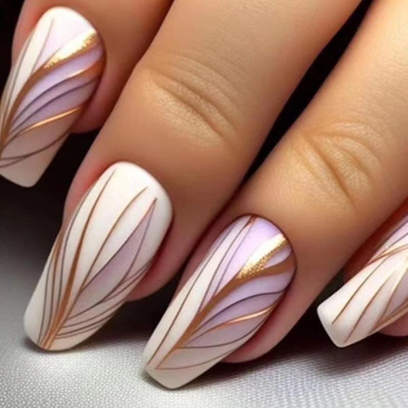 

Medium-Length Ballet Press-On Nails – Luxury Gold Line Nail Art Tips in a Box