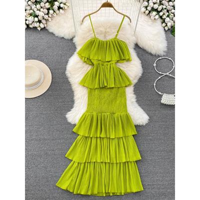Summer Women's Fashion Suspender Dress Sweet Backless High Waist Irregular A-line Cake Dress Seaside Holiday Beach Dress
