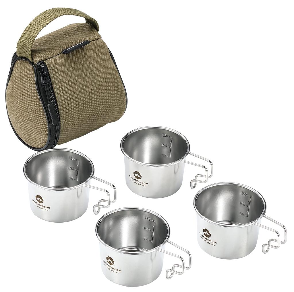 CAMPING MOON Camping Coffee Solo Mug S-180-4P+B, 160ml, 4-Piece Set with Canvas Case