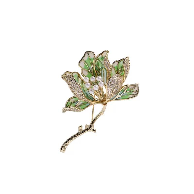 Bella Viva Oriental Style Enamel Begonia Brooch, Premium 18K Gold Plated Copper with Freshwater Pearls, Jewelry for Daily Wear