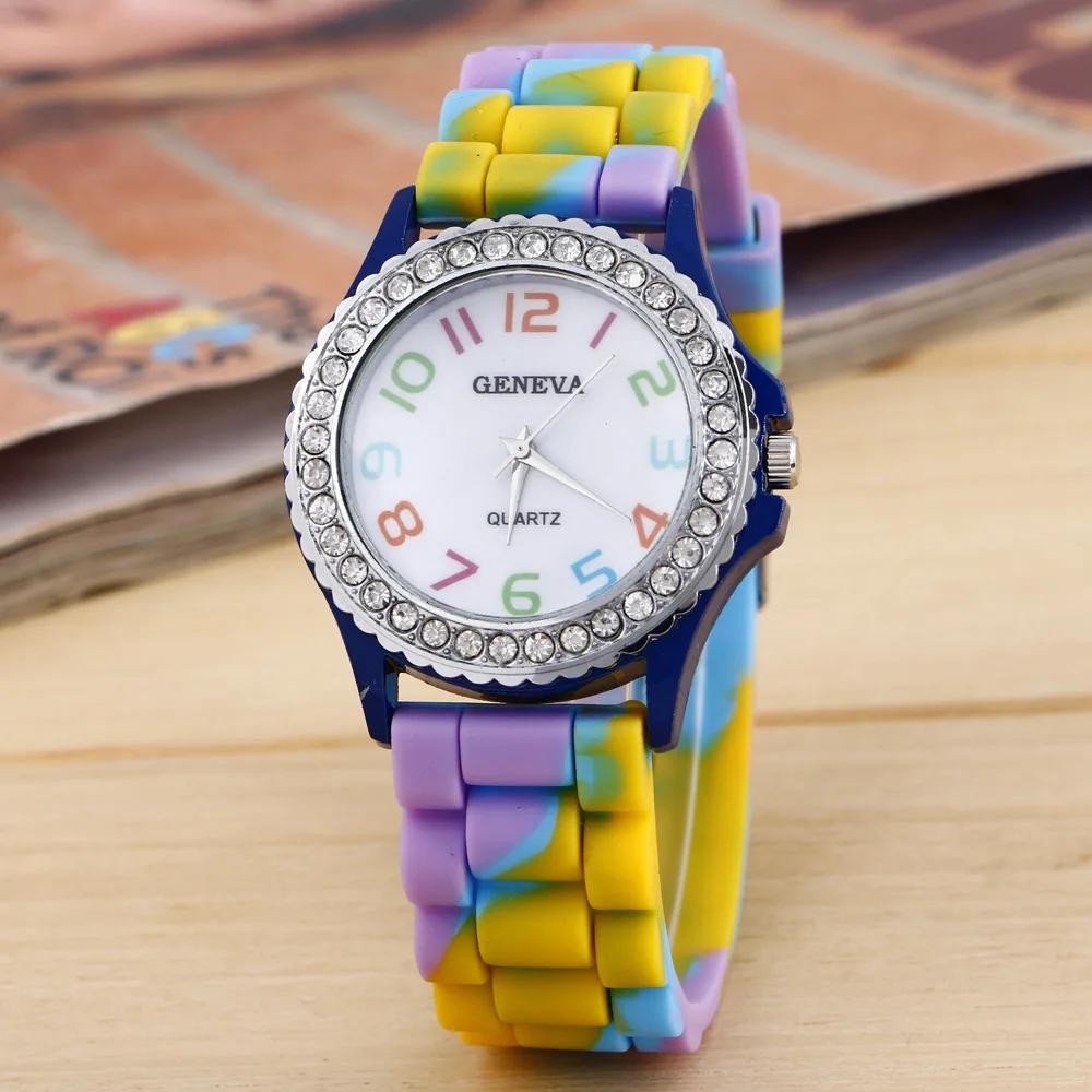 

New Rainbow Fashion Women Watches Luxury Camouflage Diamond Women Quartz Watch Girl Silicone Waterproof Dress Watch Female Clock