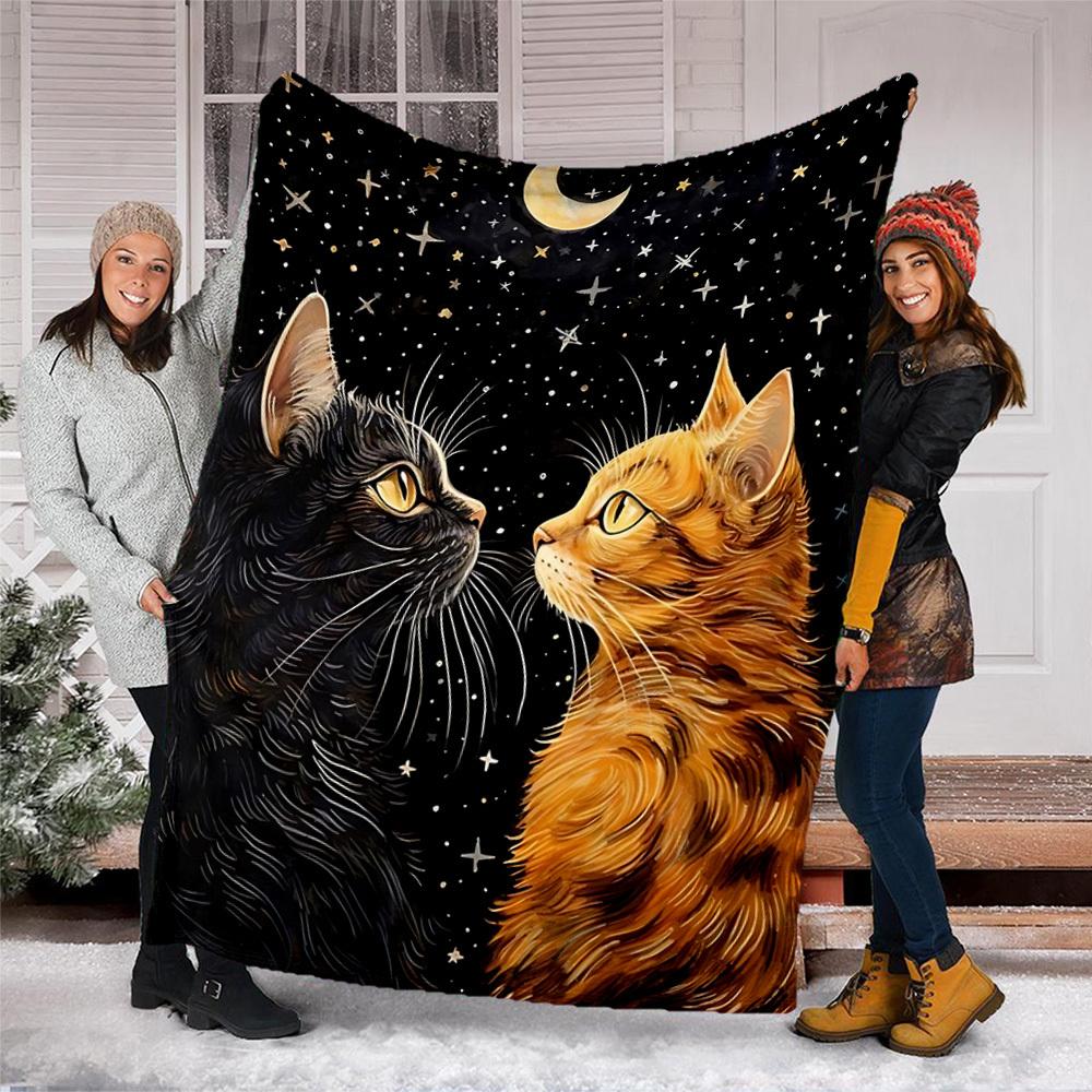 1pc Cat Night Sky Print Outdoor Flannel Blanket , Machine Washable Perfect Gift for Birthday , Holiday Travel Accessory , Durable Material