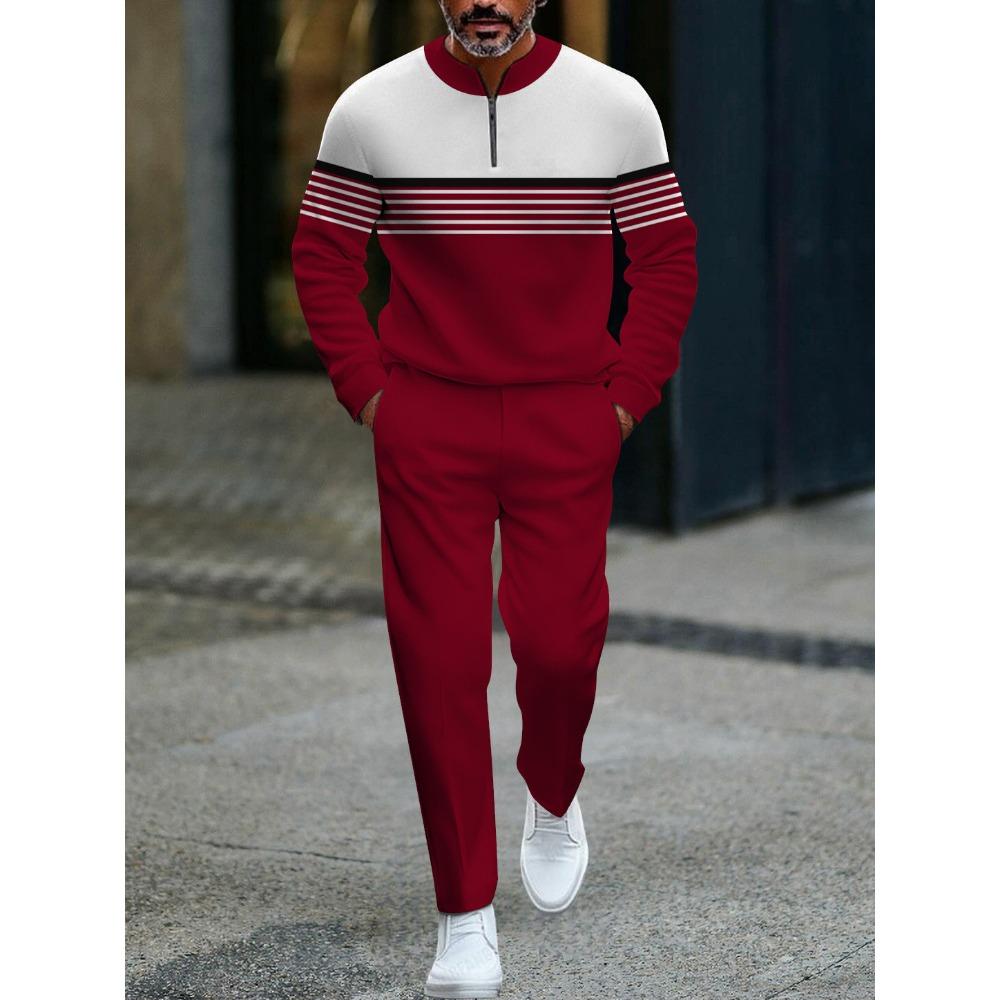 Spring Autumn 3D Printed Fashion Streetwear Men's Long-Sleeved Sets Half-Zipper Stand-Up Collar Men's Casual Sportswear Two-Piece set