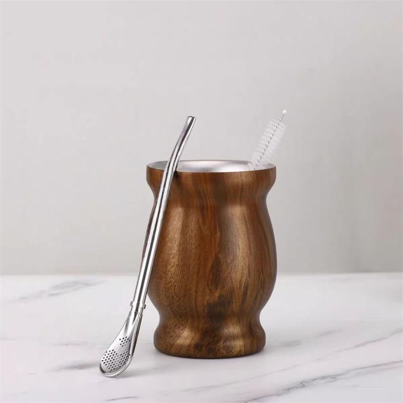 1 Set Yerba Mate Cup 304 Stainless Steel Double Wall 8oz Yerba Mate Gourd Cup With Straw Spoon And Cleaning Brush Teaware Sets
