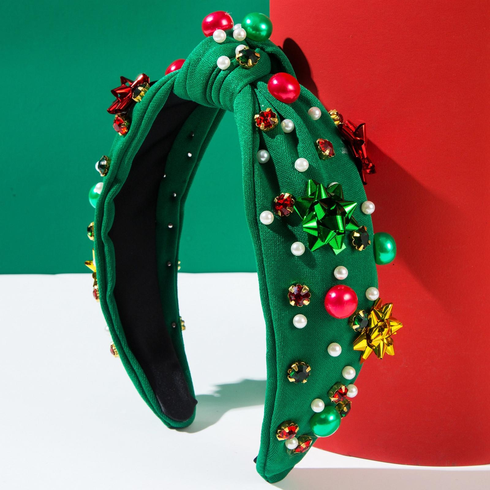 Christmas Headband with Red and Green Flowers and Pearls, Korean Trendy Holiday Hair Accessory One Size