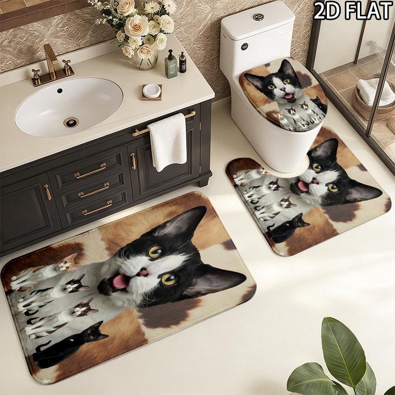Cute Cat 3D Pattern 3Pcs Bathroom Rug Set, Non Slip Absorbent Bath Mat, Contour Mat & Toilet Lid Cover, Bathroom Decor
