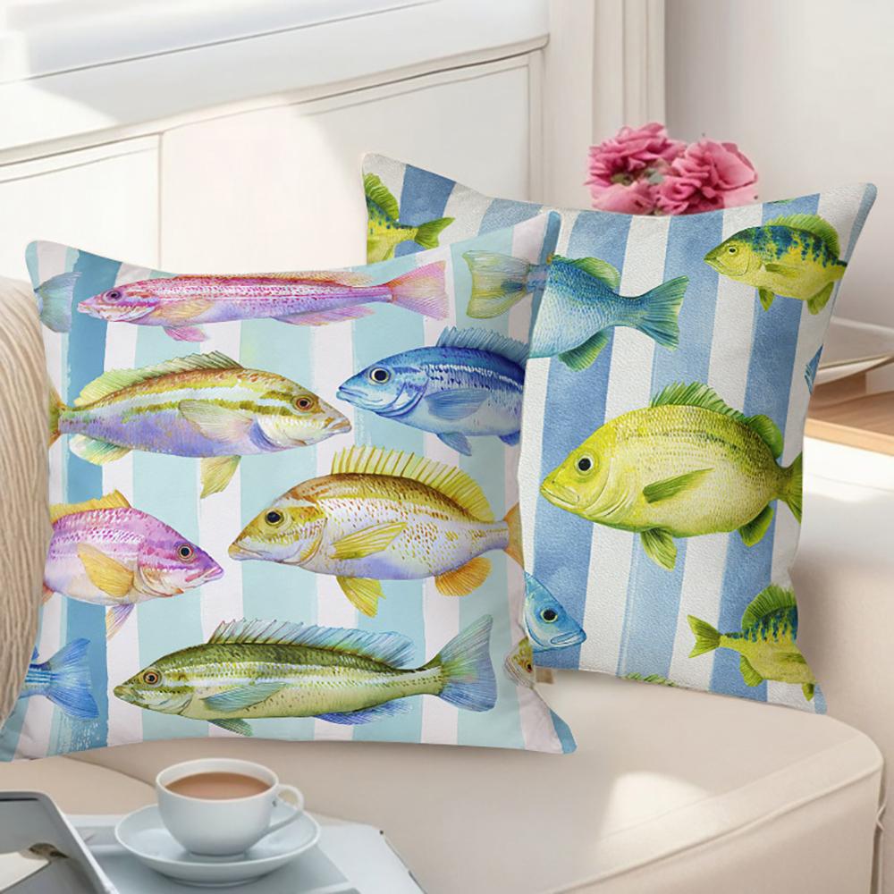 Housses de coussin décoratives 2D plates - Lot de 2 - Thème Marin Côtier avec Motifs Poissons de l'Océan Crabe Homard Sardine - Housse de coussin pour canapé/fauteuil