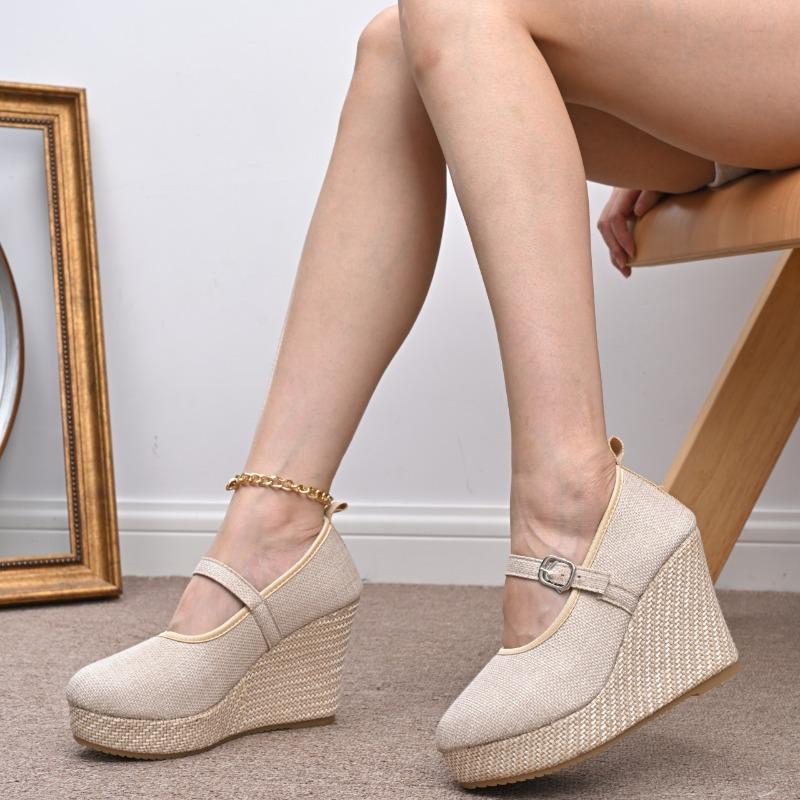 High Heeled Single Shoes Fashion Round Toe Shallow Mouth One Line Slip with Cloth Surface Platform Anti-Slide Heel Shoes