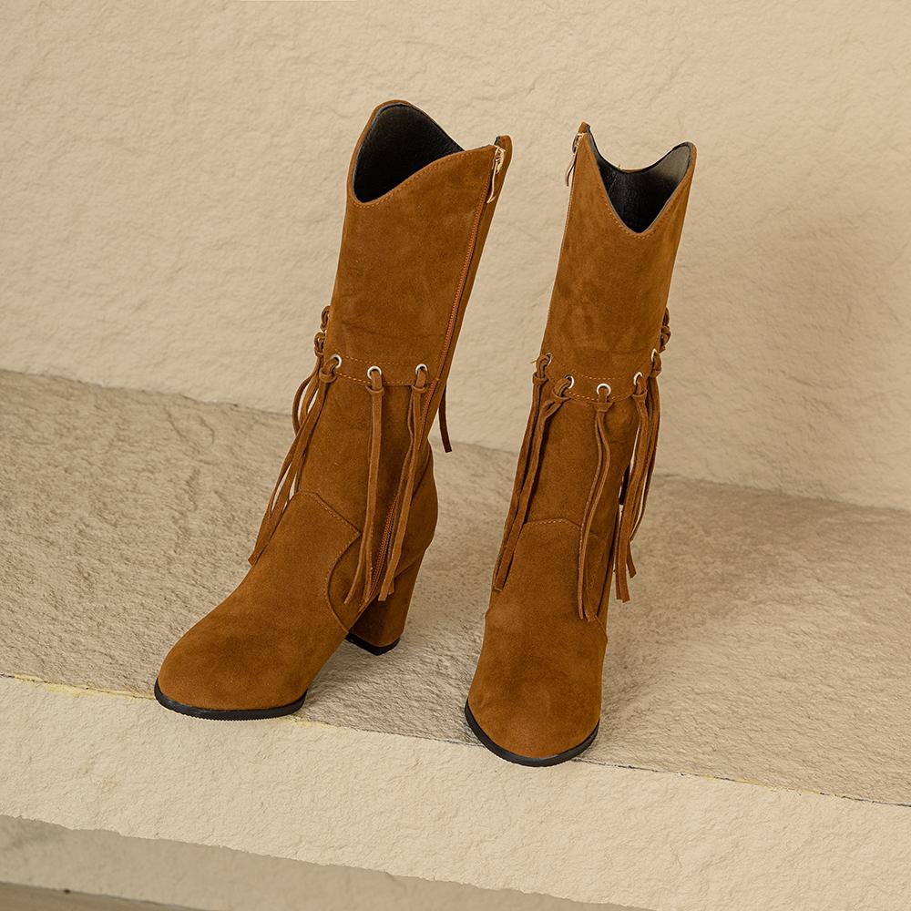 Winter Black Yellow Women Mid Calf Boots Round Toe High Heel Small Big Size 33 52