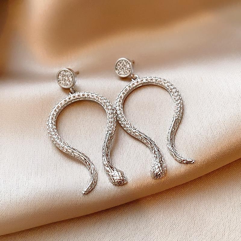 Silver needle zircon curved snake winding stud earrings niche design earrings earrings