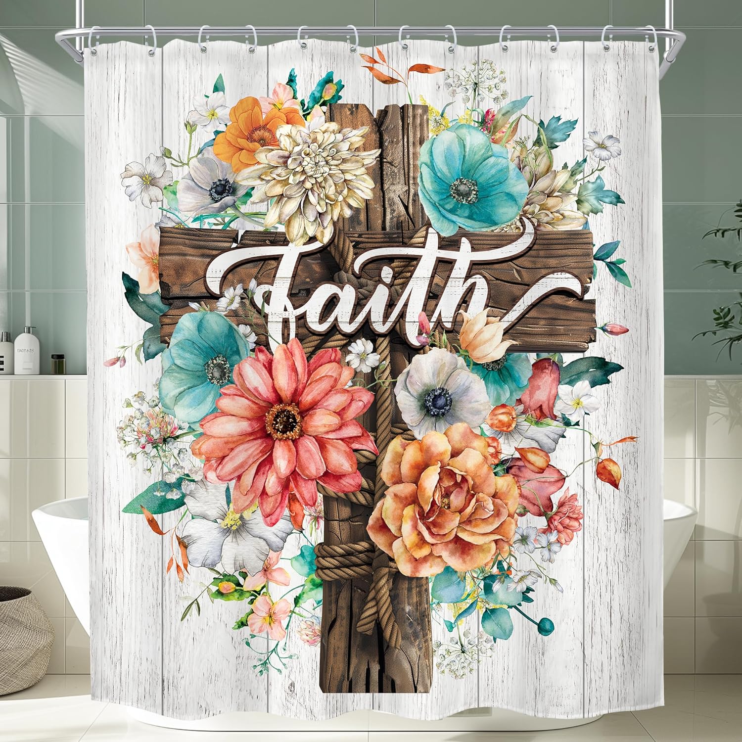 

Floral Christian Shower Curtain For Bathroom Decor Flower Bible Verse Quotes Rustic Farmhouse Cross Scripture Retro Wooden Peony W60H190(CM)-1 Pcs