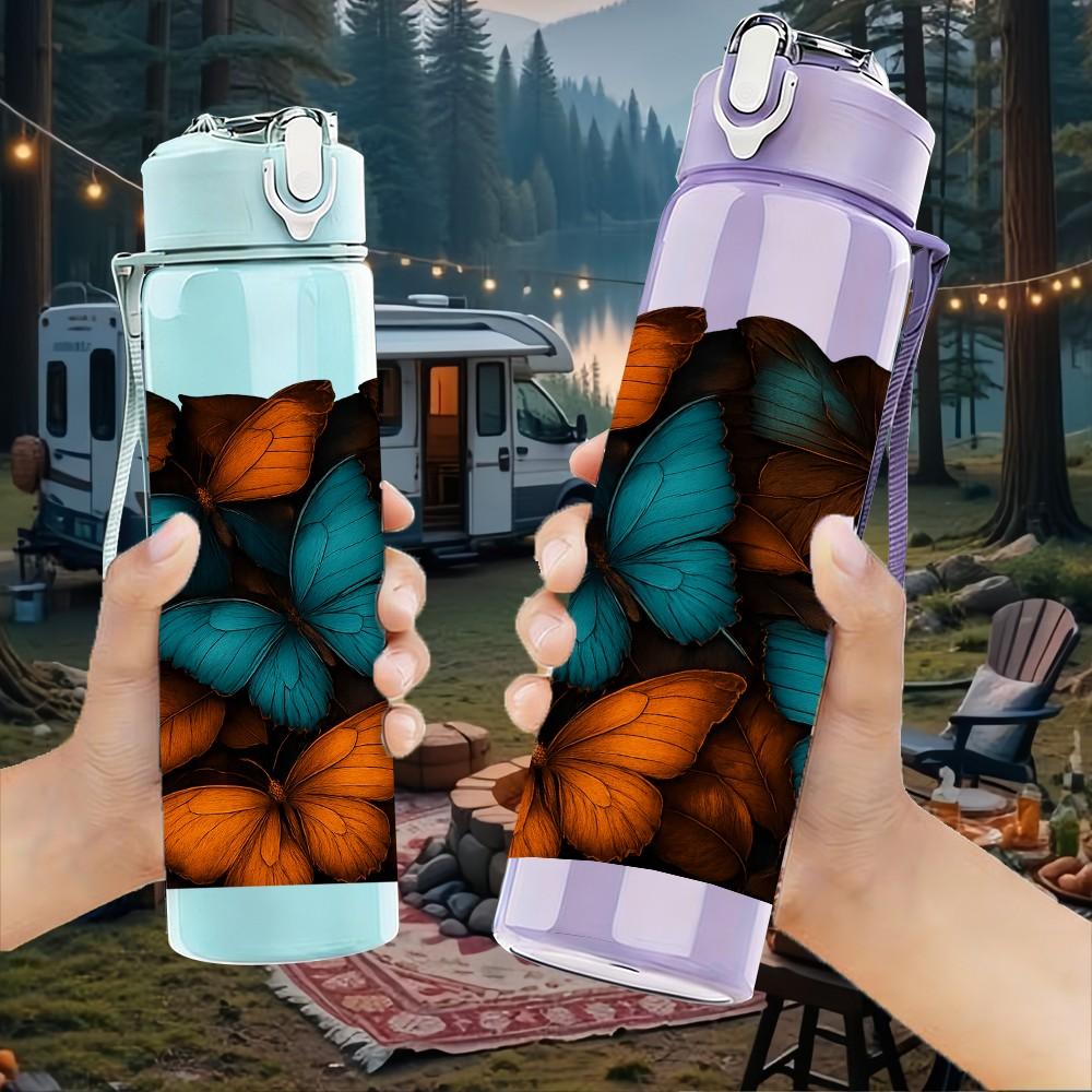 1PC Orange Teal Butterfly Mosaic Art Print 750ml Color Plastic Sports Water Bottle Leakproof Flip Straw Lid Suitable for Sports Office Home Use