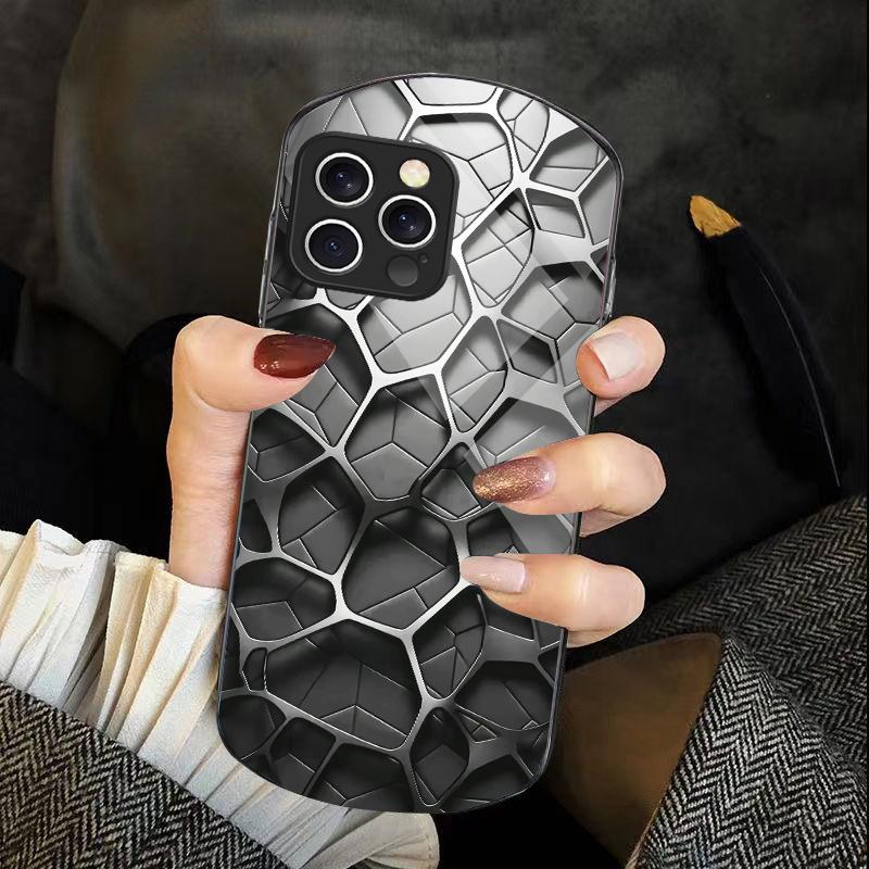 Cool Honeycomb Color For Iphone 11 12 13 14 15 16 Pro Max Plus Mini 7 8 Se 2020 X Xs Xr Elliptical Tempered Glass Phone Case