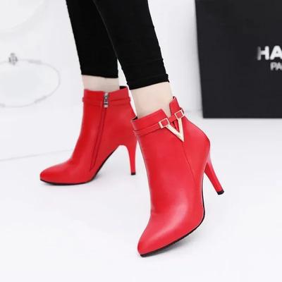 Fashion Stiletto Thin Heel Pointed Toe Faux Leather Zipper Sexy Boots Ankle Women Boot Red High Heels 9cm Spring Autumn 40 Boot