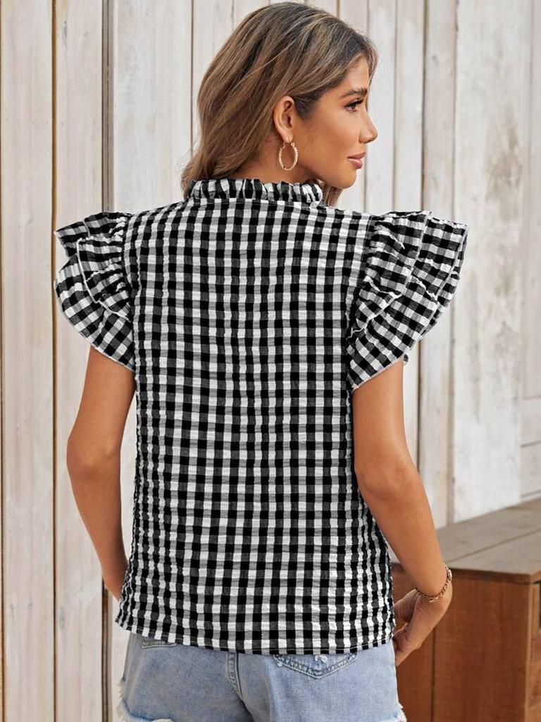 Summer Tops Double Layer Ruffled Hem Cute Sweet Girls' Dresses Check Short Sleeve