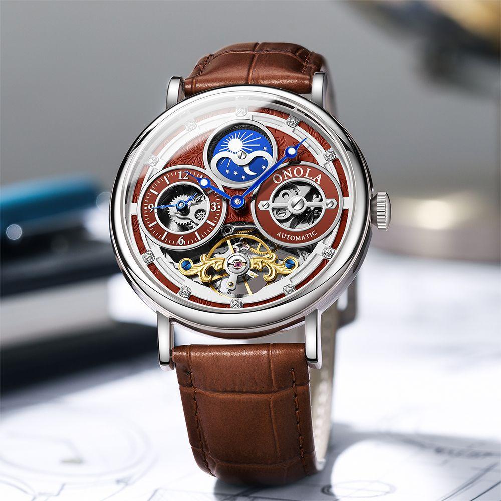 Fashion ONOLA Men Automatic Mechanical Watch Men Stainless Steel Skeleton Wristwatch Men Leather Strap Watch