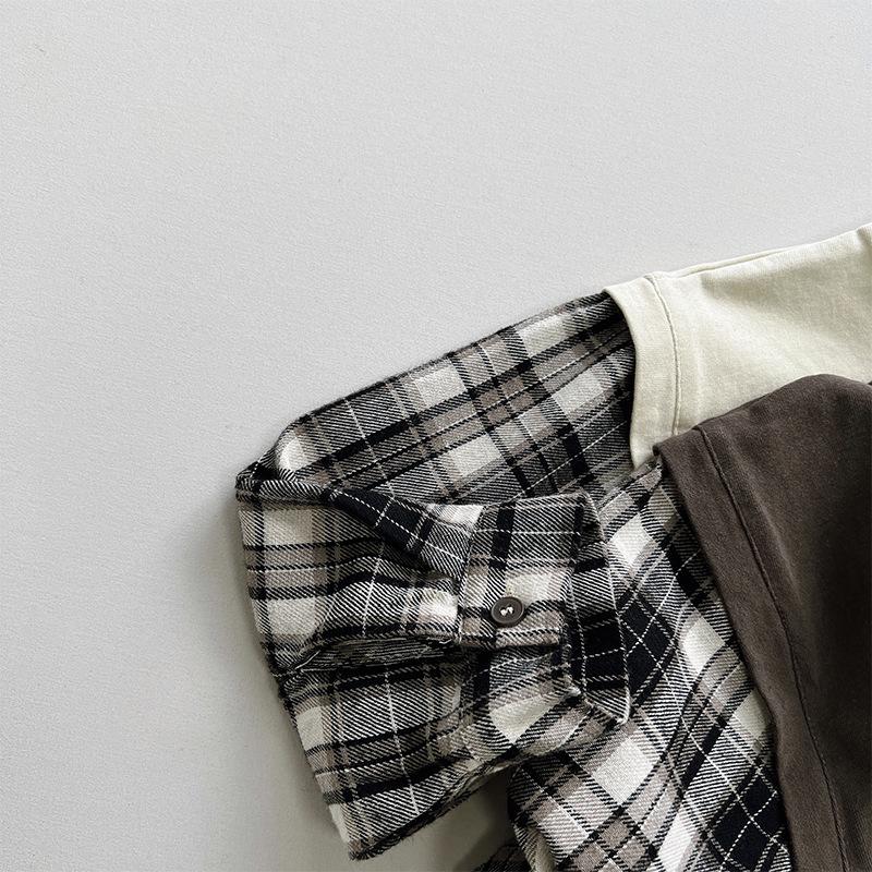 Kids' Plaid Color-Block T-Shirt~2025 Spring/Autumn Korean Mori Style Trendy for Boys & Girls