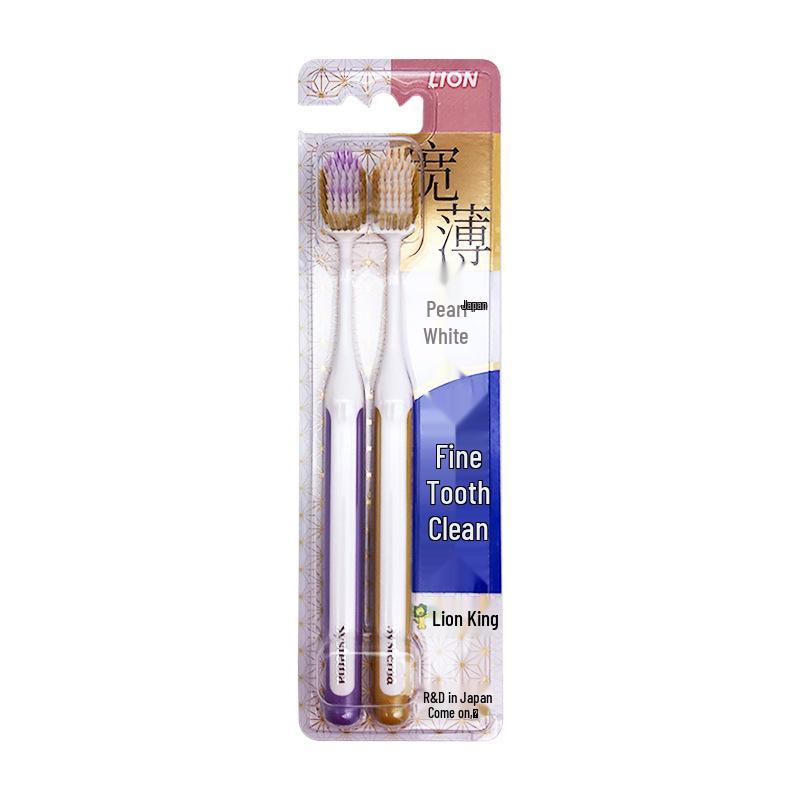 Japan Lion Fine Bristle Soft Toothbrush, Pearl White, Wide & Thin Head, 2-Pack for Men, Women, Couples.