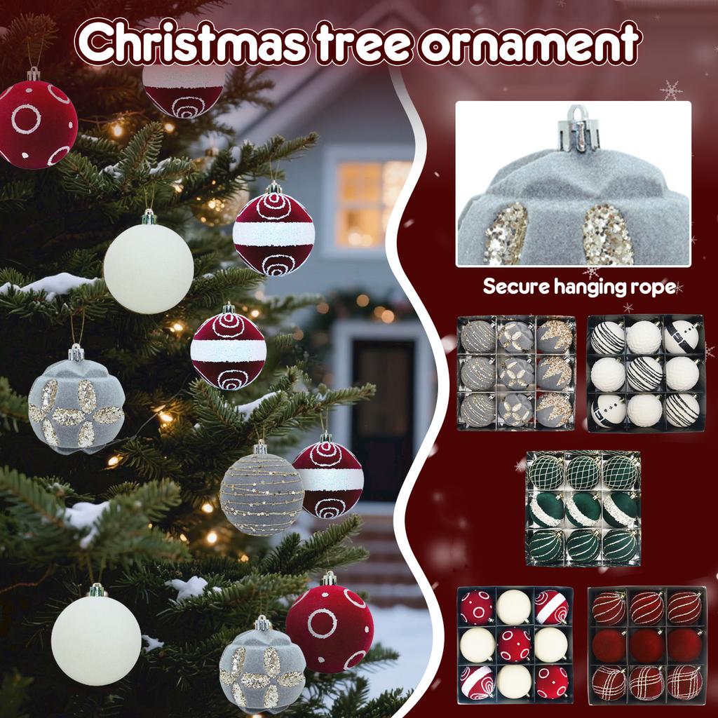 9-Pack Diamond Flocking Christmas Balls - Mixed Color Glitter Ornaments With For Holiday Tree Decor