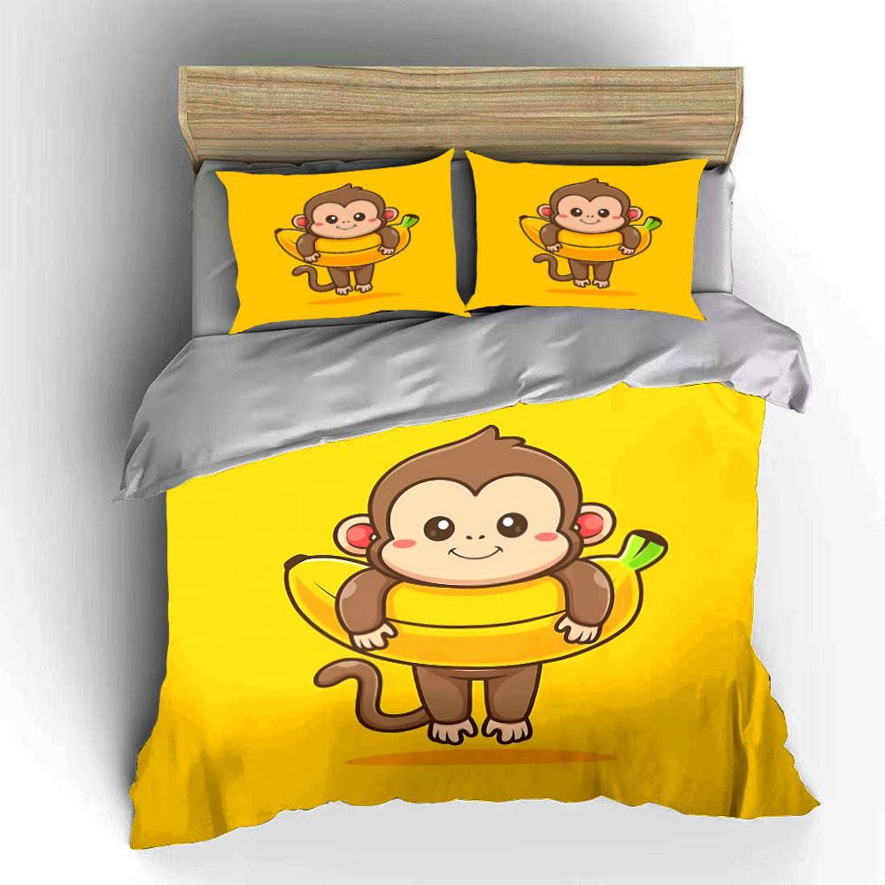 Cartoon Monkey Decor Set Bedding Set with 1 Duvet Cover 2 Pillowcases Single Double King Queen Gift