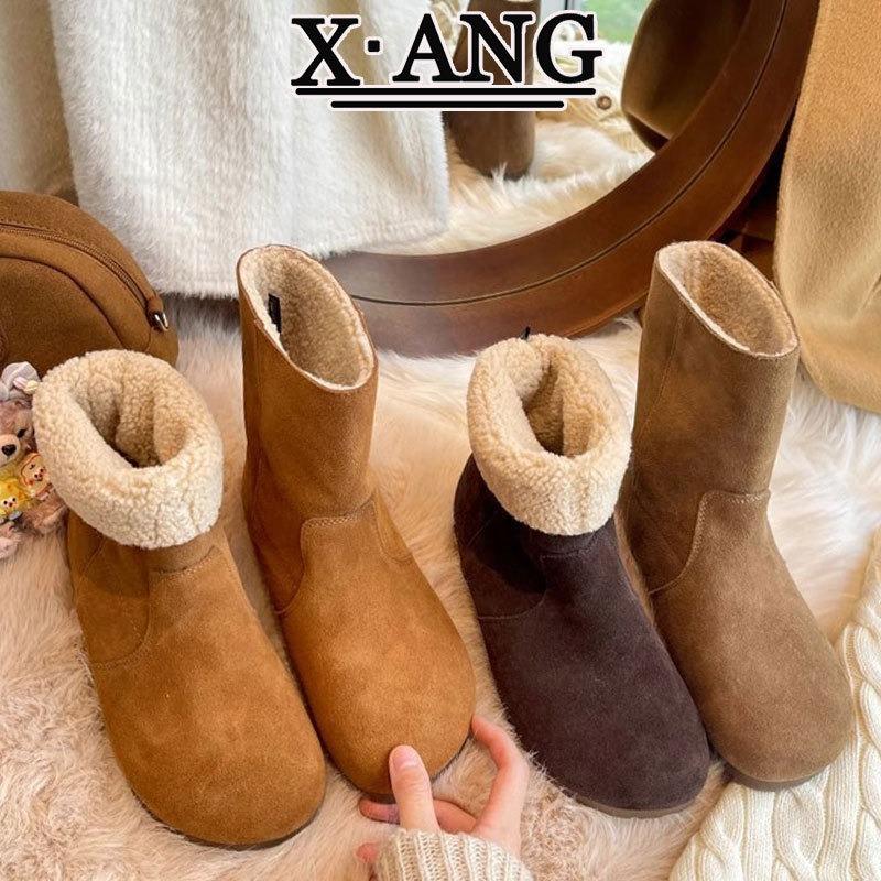 Two wear snow boots women's short boots winter new leather children's plush thermal cotton shoes lamb wool shoes