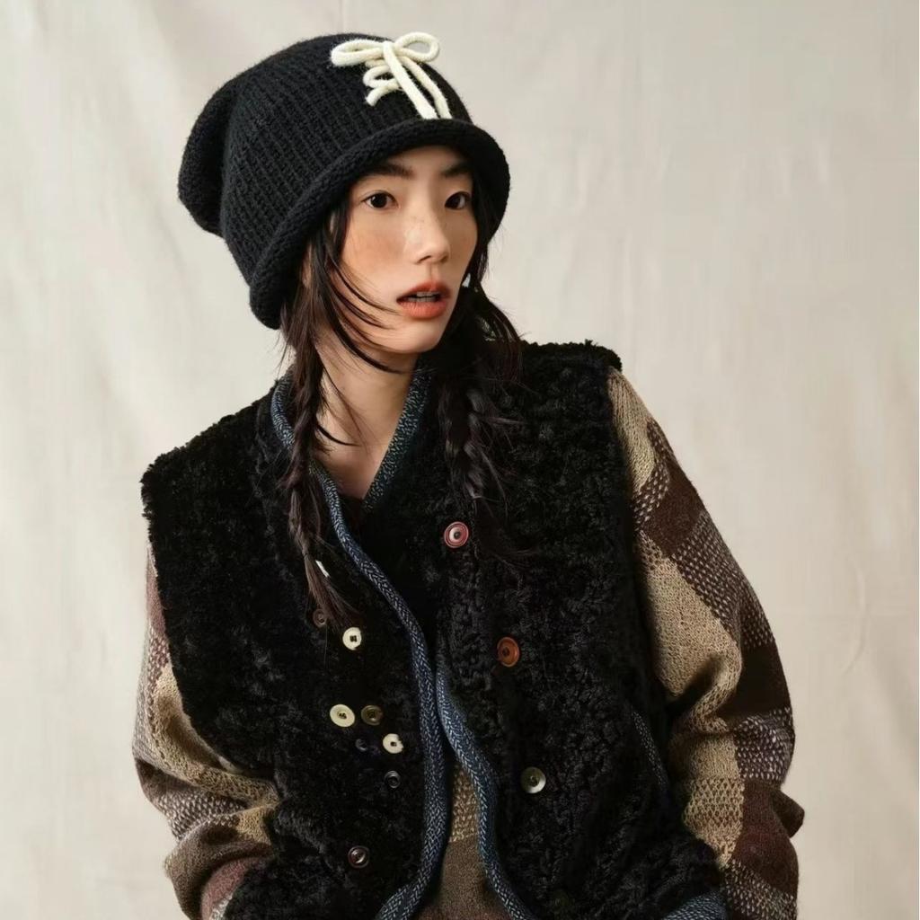 Literary bow decorative sleeve knitted hat thick needle crimped women's cold hat autumn and winter thickened wool hat