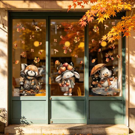 Decorative Window Film for Autumn Decor Static Sticker with Cute Animals & Maple Leaves, Removable Harvest Durable Clings Store Fronts