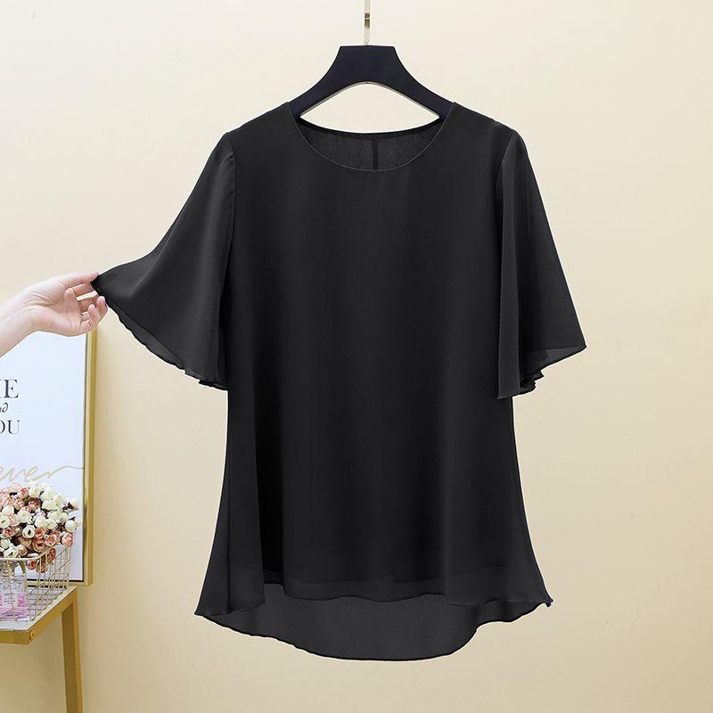 Large Size Chiffon Shirt Women's Short Sleeved Mom Outfit Summer Loose Top Round Neck Base Shirt
