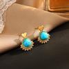 Natural Stone Inlaid Fan Stud Earrings Women's European and American Ins Style 18k Gold High-quality Love Earrings