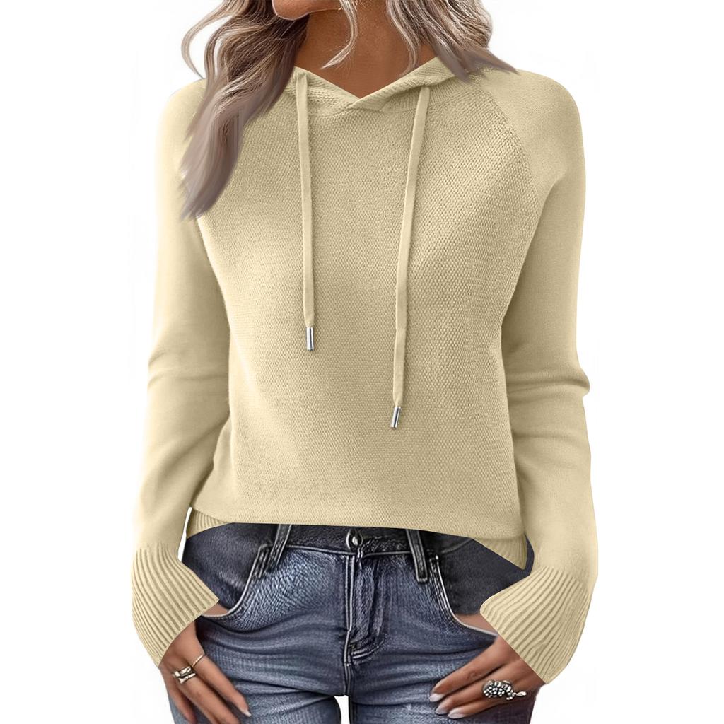 Ladies' Casual Solid Color Knitted Raglan Hooded Sweatshirt