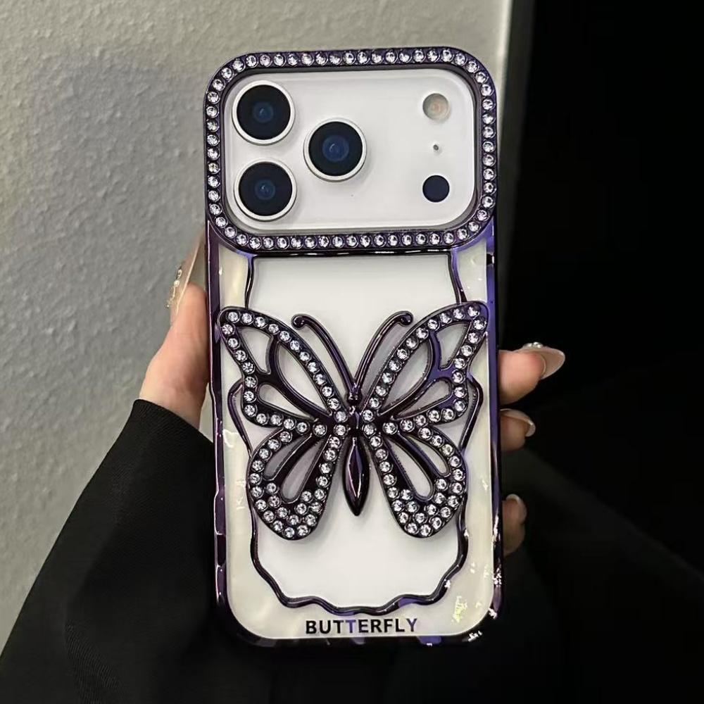 Plating Butterfly Hollow Glitter Diamond Case For iPhone 17 16 15 14 13 Pro Max Plus Bling Sparkling Rhinestone Shockproof Cover