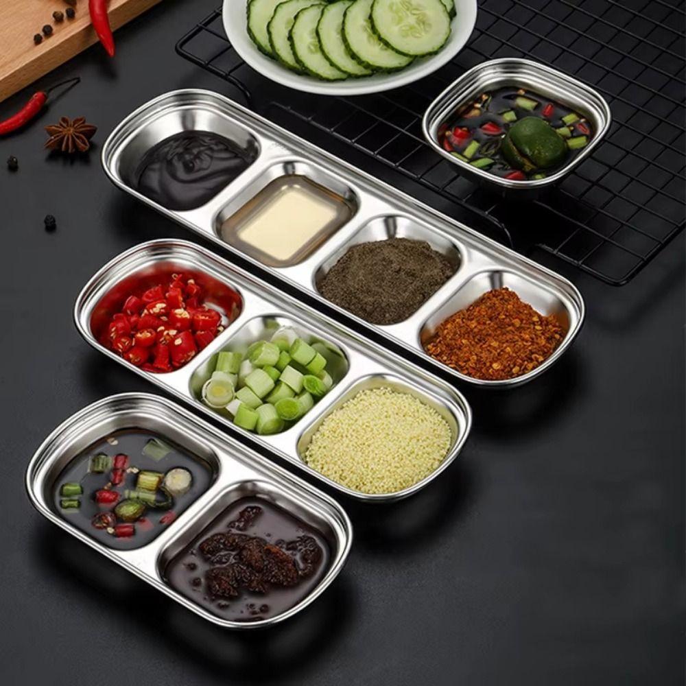 2Pcs 2/3/4 Grid Seasoning Dish Stainless Steel Sauce Plate  Restaurant Use