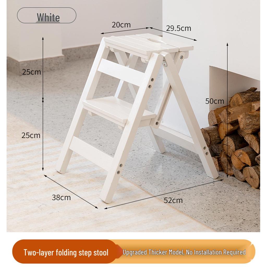 Solid Wood Foldable Ladder with Non-Slip Steps - Multi-Functional, Portable, Stackable, and Ideal for Household Climbing and Storage.