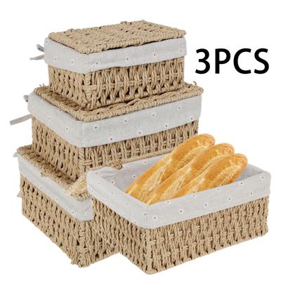 3Pcs Cotton Linen Woven Storage Basket Handwoven with Lid Cosmetic Towel Container Storage Box Household Baskets