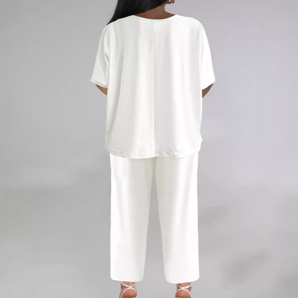 Women's Set Casual Solid Color Short-sleeved Tops Loose Wide-leg Pants