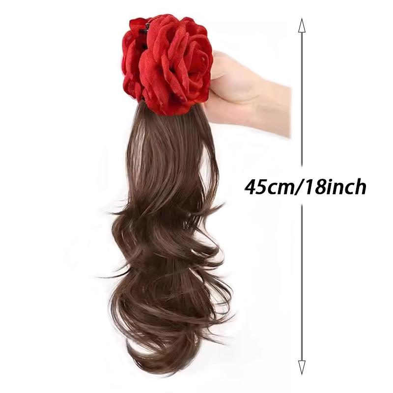 A Ponytail Wig with a Red Rose Grip and a Curled Side The Ponytail Is Naturally Sweet and Invisible Wig Braid