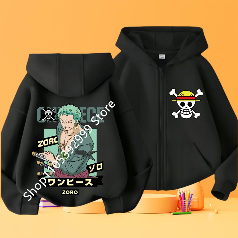 2026 Ny Børne Anime One Piece Luffy Lynlås Hættetrøje Jakke 3-12År Afslappet Langærmet Sweatshirt Efterår
