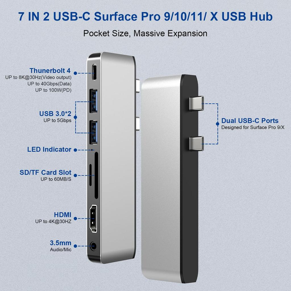 Surface Pro USB Hub 4K Thunderbolt 4 PD SD TF Card Audio Port Surface Pro9 Dock Triple Display Pro Surface Pro Conversion Adapter 9/10/11/X HDMI,