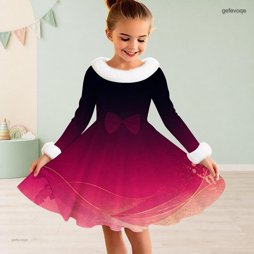Girls White Fur Collar Long Sleeve Bow Black Gold Printed A Line Flared Dress