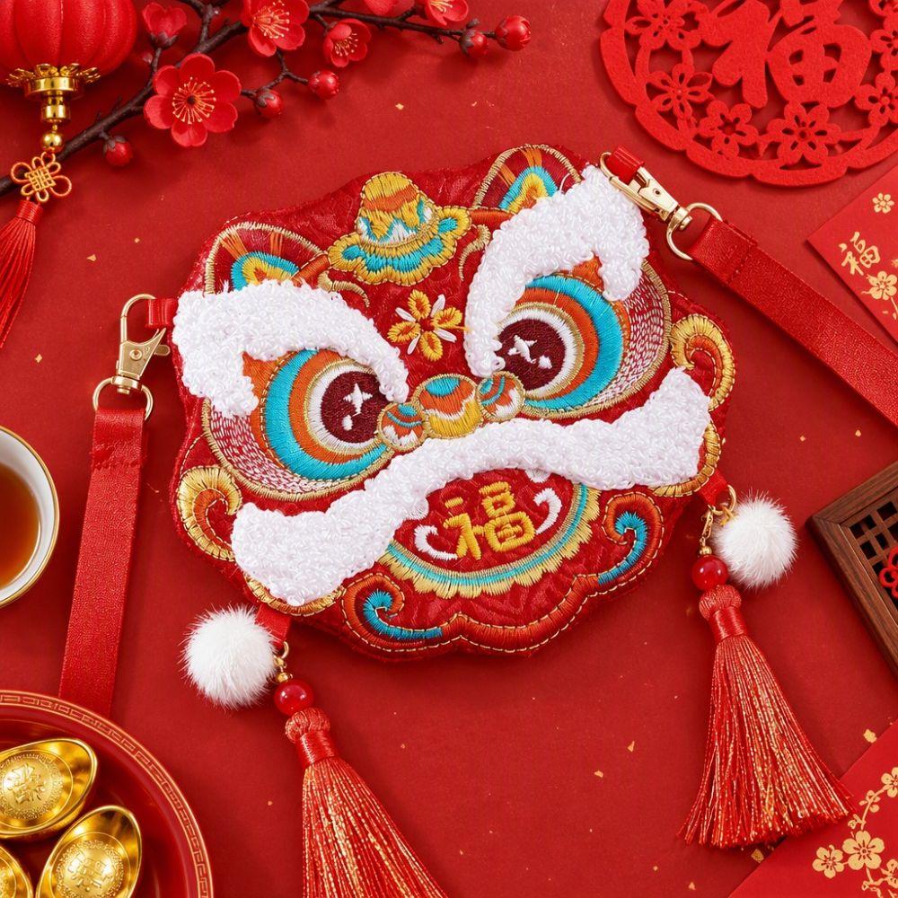 3D Embroidery Fabric Lion Dance Red Envelope Chinese Style Red Pocket Festive Crossbody Bag Gift