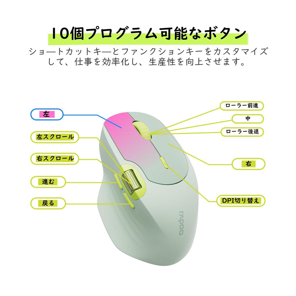 RAPOO MT560 Wireless DPI Supports Up To 6 Side Ergonomic Compatible with and Green Mouse, Bluetooth, Quiet, Compact, 7-Level Switching, Devices,