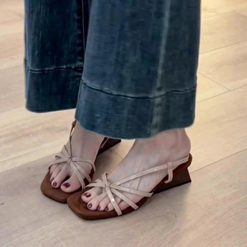 Sheepskin Version~ French Temperament One-word Thin Strap Wedge Sandals Women's Head with Skirt Open-toed High-heeled Roman Sandals